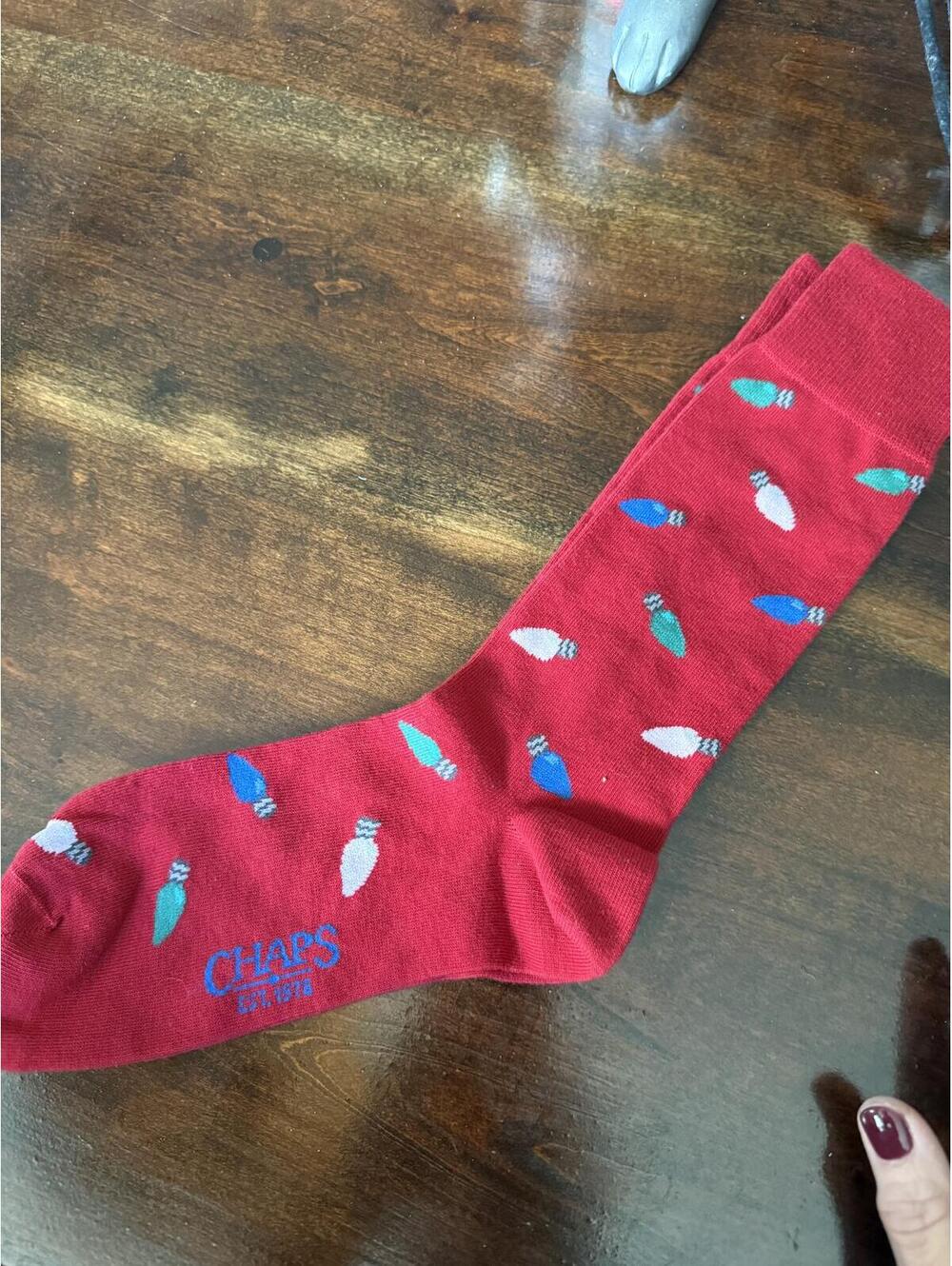Chaps Red Crew Socks with Christmas Light Pattern